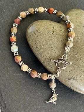 American Picture Jasper Gemstone Bracelet | Natural Stone Boho Silver Bracelet